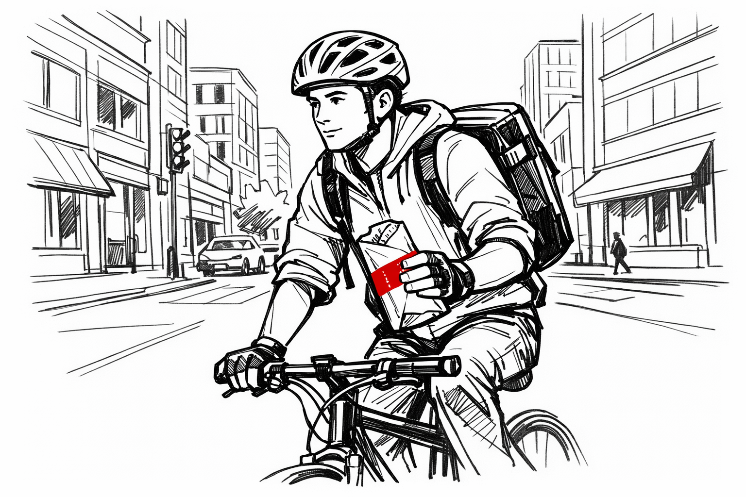 Delivery courier on bicycle carrying sandwich package in city environment